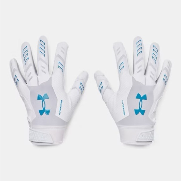 Men's UA F9 Nitro LE Football Gloves Colors: White / Distant Gray / Capri - 100 - Picture 1 of 8